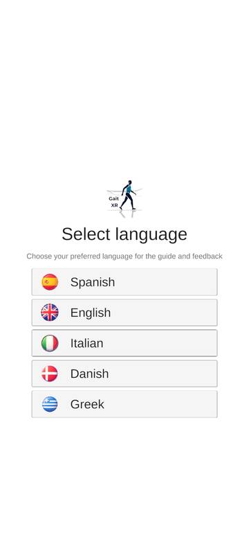 Select language screen with Spanish, English, Italian, Danish and Greek