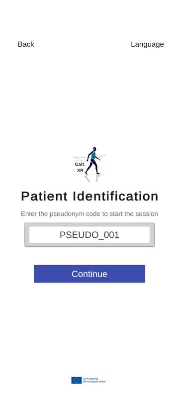 Patient identification screen with the code PSEUDO_001 entered