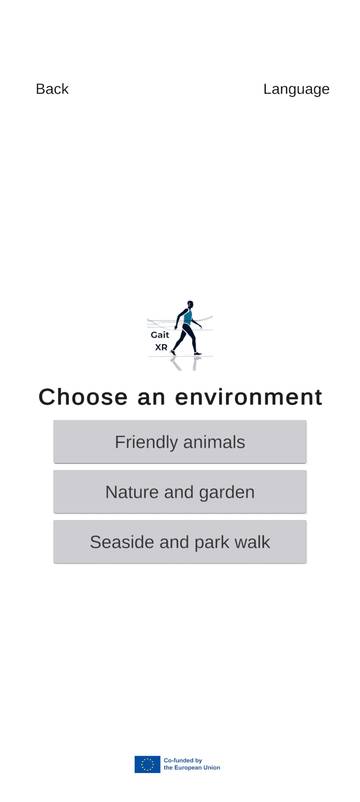 Choose an environment screen: Friendly animals, Nature and garden, Seaside and park walk
