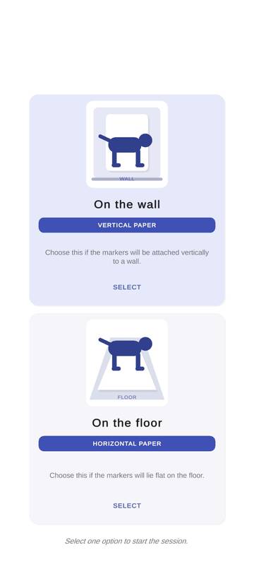 Marker placement screen: On the wall (vertical paper) or On the floor (horizontal paper)